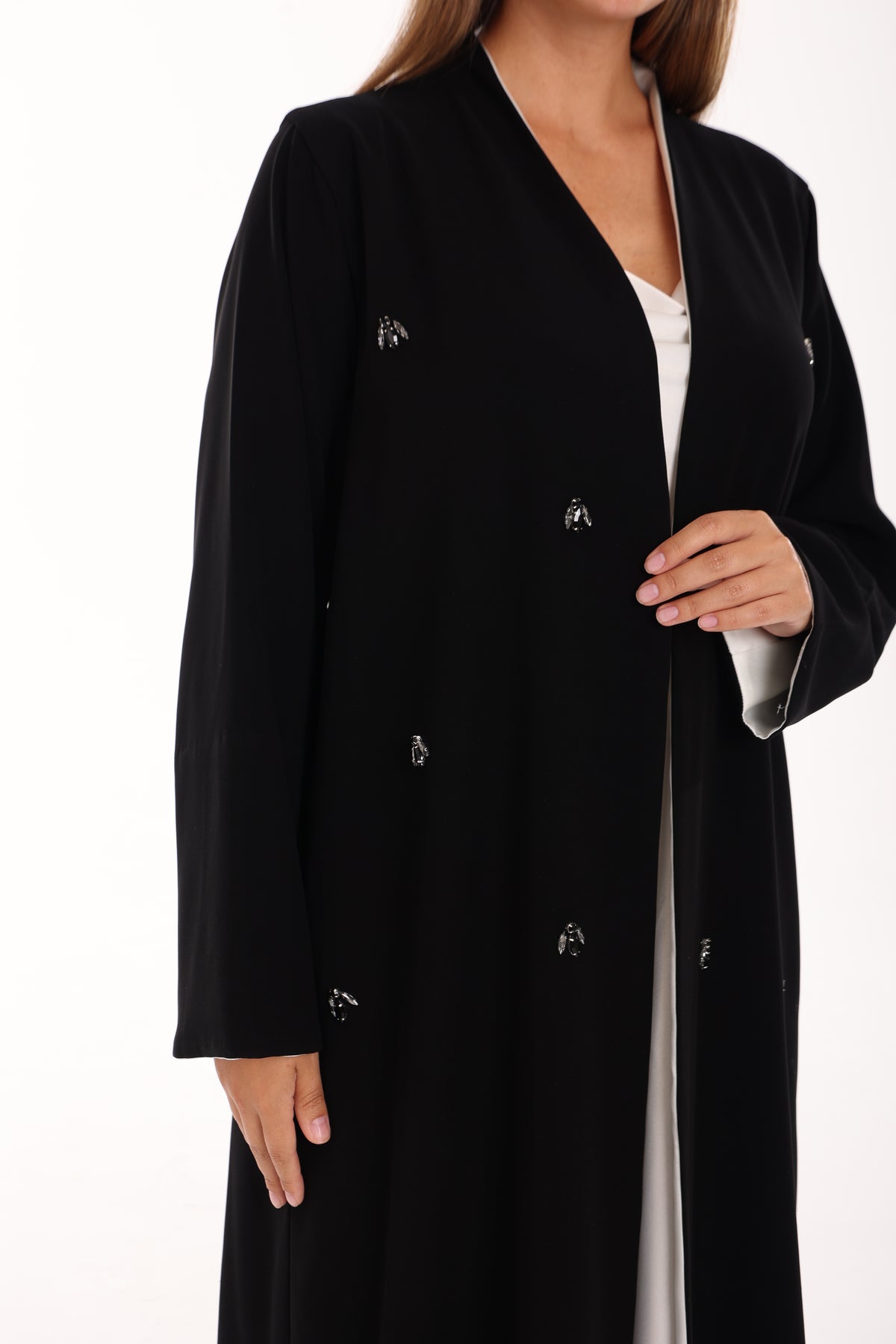 Black Crepe Abaya with Hand Embroidery & Pearl Satin Lining