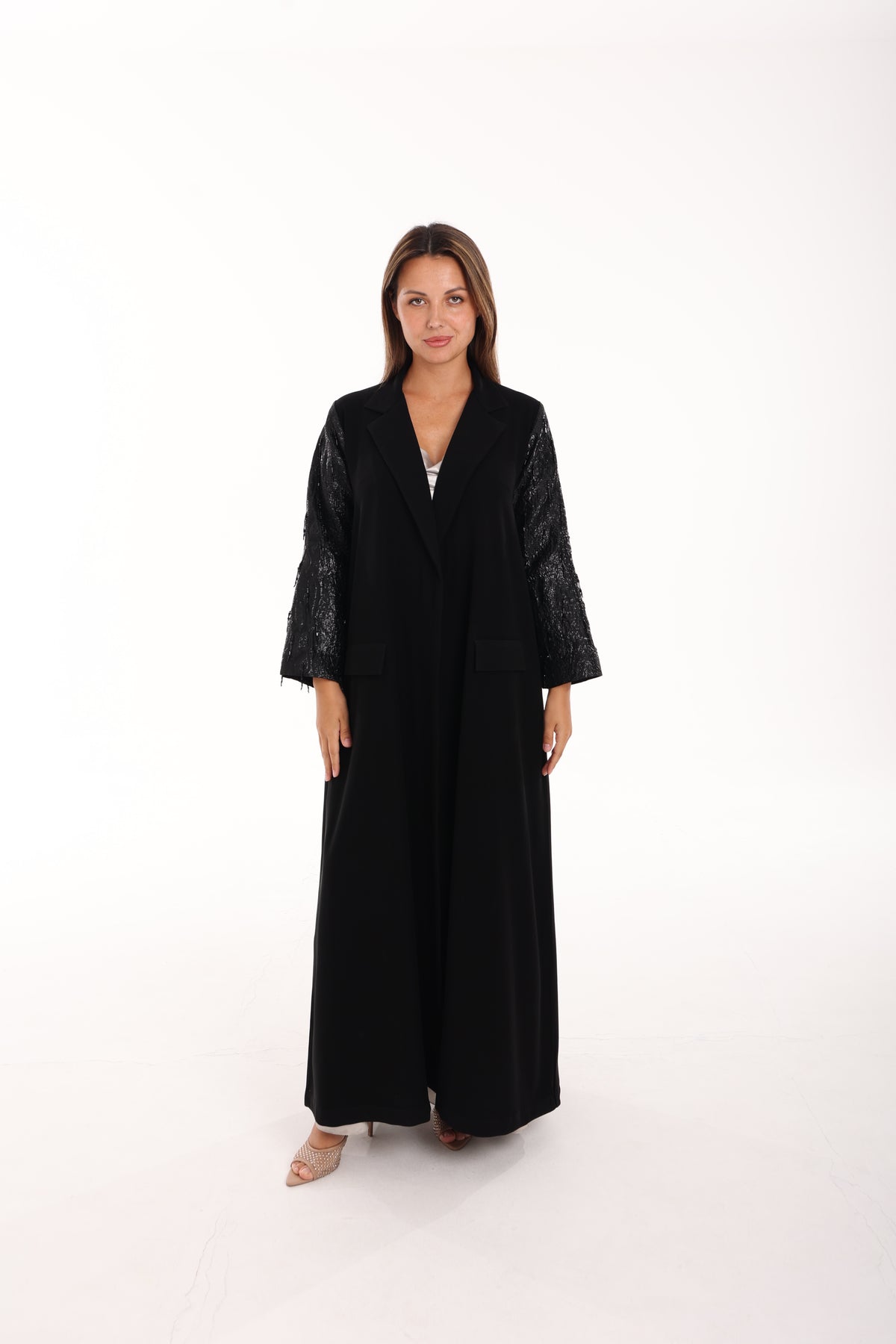 Black Crepe Abaya with Hand-Embroidered Brocade Sleeves